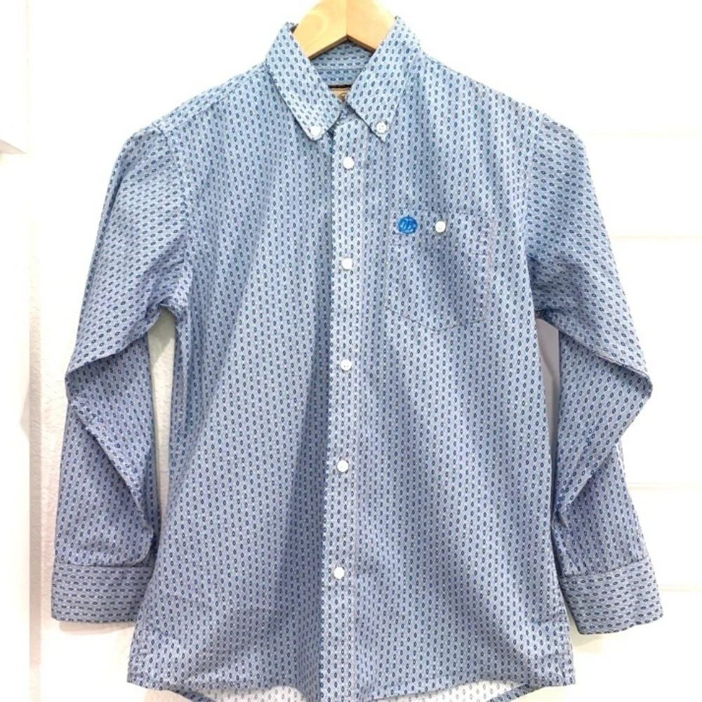 Wrangler Blue Geometric Button-Down Long Sleeve Shirt Boys Size Large